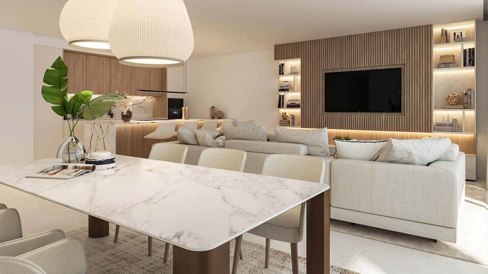 Moderne woon- en eetkamer met marmeren tafel en designverlichting.